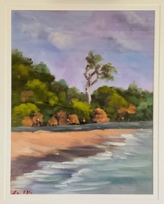 A  painting by Lyn Ellis in the Impressionist style  Beach Trees and Water and titled Windswept Moonah