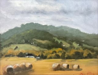 An Oil painting by Lyn Ellis in the Impressionist style  depicting Landscape Bush Farmland and Hills and titled Bolobek Mt Macedon