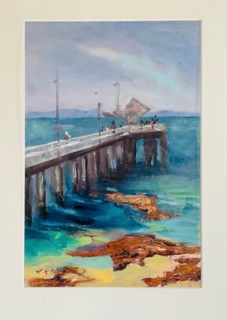 An Oil painting by Lyn Ellis in the Impressionist style  depicting Seascape Jetty and Water and titled Pt. Lonsdale Pier