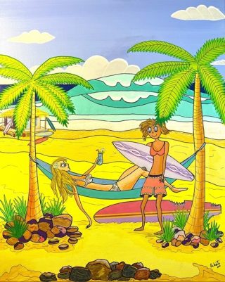 An Acrylic painting by Robert Wale in the Contemporary style  depicting Beach Clouds and Fantasy with main colour being Blue Gold and Purple and titled Surfer Girls Heaven