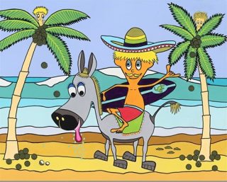 An Acrylic painting by Robert Wale in the Abstract style  depicting Beach Animals and People with main colour being Blue Gold and Green and titled Surfin Surfari