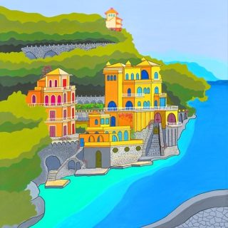 An Acrylic painting by Robert Wale in the Contemporary style  depicting Seascape Buildings and Sunrise and titled Colours of Baia Di Paraggi [Portafino]