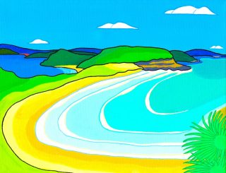 An Acrylic painting by Robert Wale in the Contemporary style  depicting Beach Seascape and Water and titled Palm Beach before Time