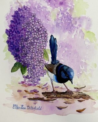 A Mixed Media painting by Ellen Lee Osterfield Birds and titled Lilac and Blue