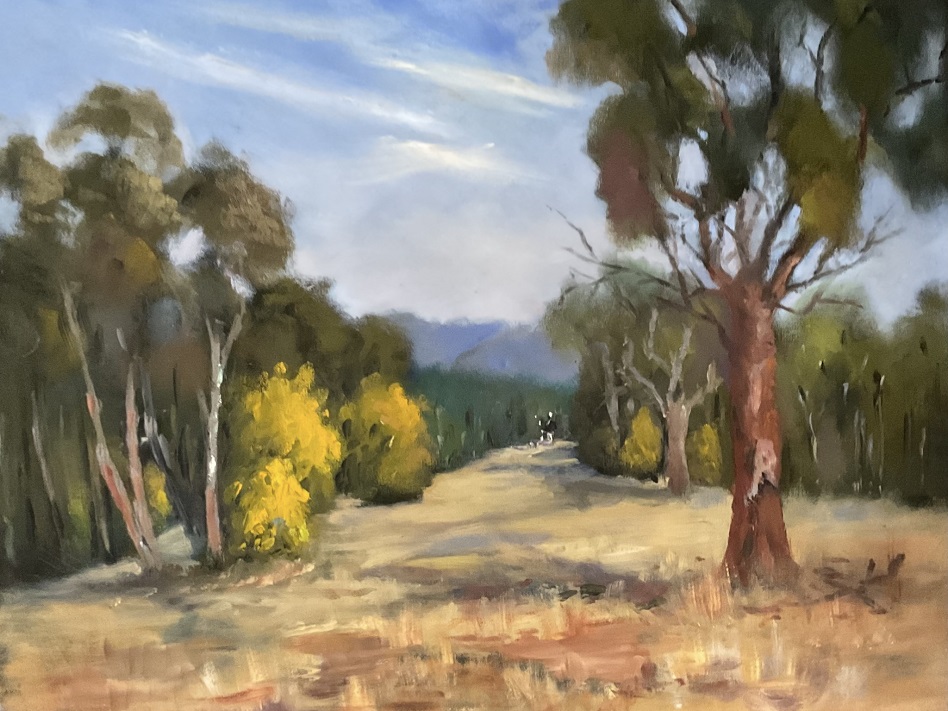 Oil Painting by Lyn Ellis titled Bush walk in Wattle Season in Macedon