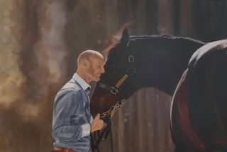 An Acrylic painting by Helen Cochrane in the Realist style  depicting Portrait Animals and People with main colour being Black Blue and Brown and titled Makybe Diva and Glen Boss