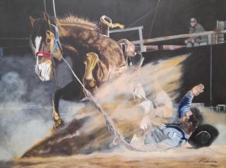 An Acrylic painting by Helen Cochrane in the Realist style  depicting Sport Animals and Man with main colour being Black Blue and Brown and titled Another One Bites the Dust