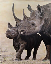 A  painting by Helen Cochrane in the Realist style  depicting Animals and Bush with main colour being Black Brown and Grey and titled Kifaru