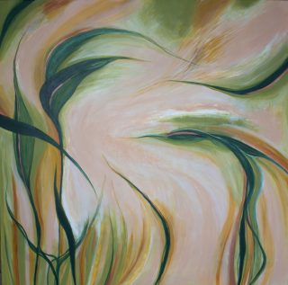 An Acrylic painting by Anne-Maree Wise in the Abstract Impressionist style  depicting Landscape Bush and Garden with main colour being Cream Green and Olive and titled Reed